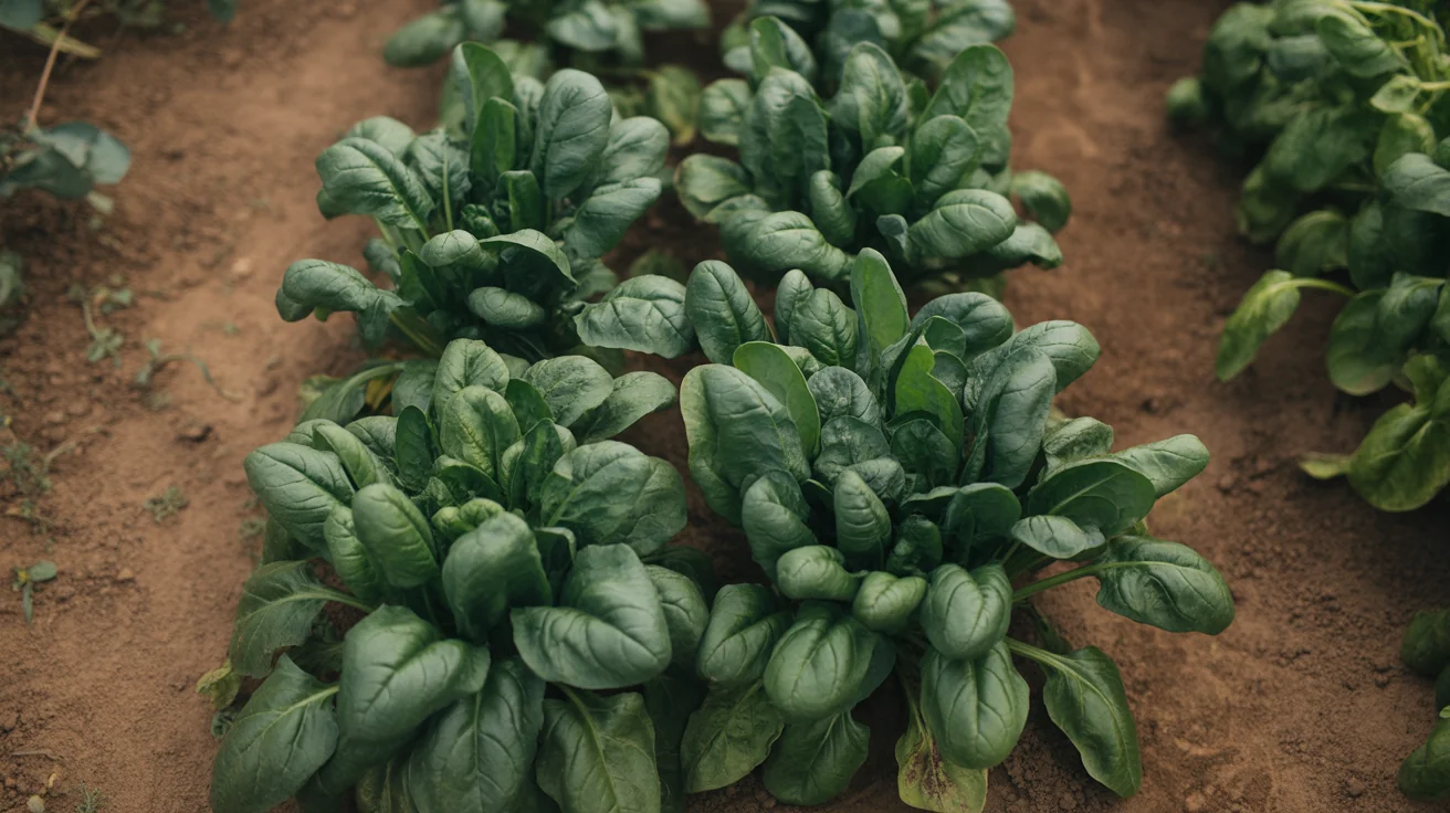 Spinach plants with thick green leaves growing in a vegetable garden row