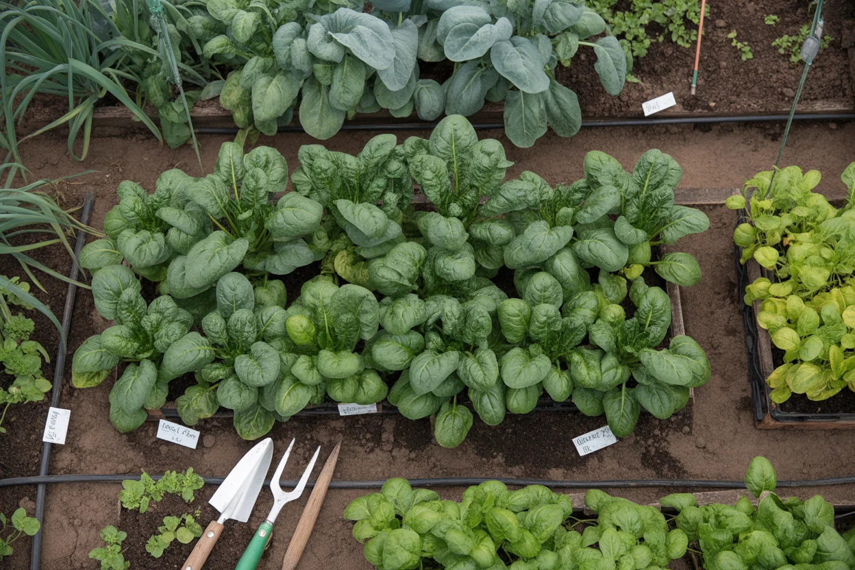 Dense spinach planting in a raised bed with garden hand tools beside the row