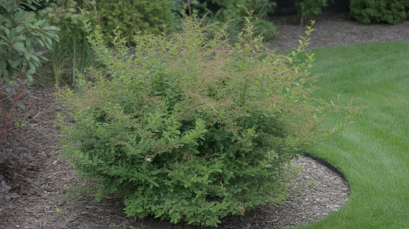 Spirea shrub covered with clusters of pink flowers in a sunny mixed border