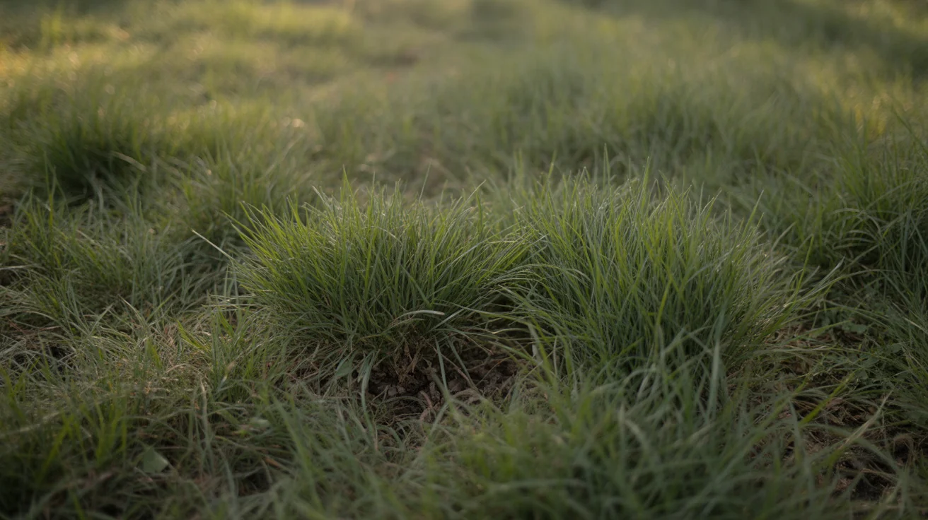 Close view of thick St. Augustine-style turf blades in a warm lawn.