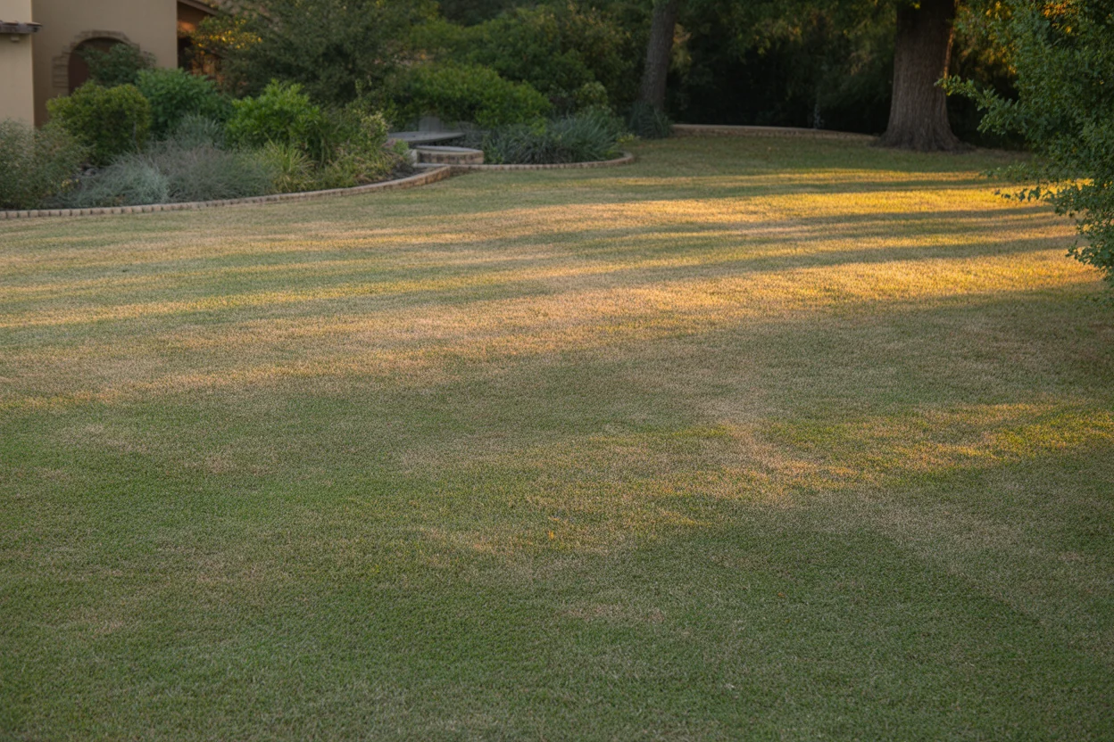 St. Augustine grass lawn growing near trees with filtered sun and shade.