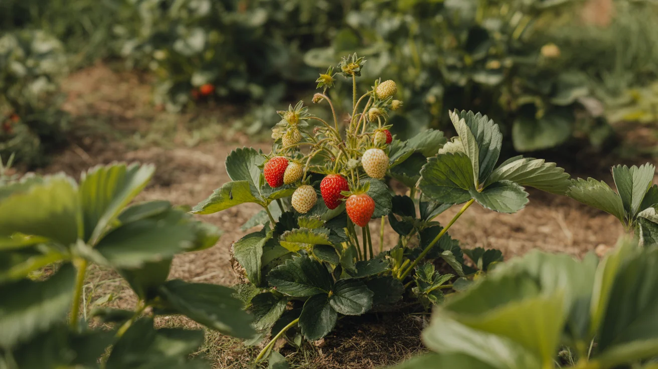 Strawberry plants with flowers and red fruit near the soil
