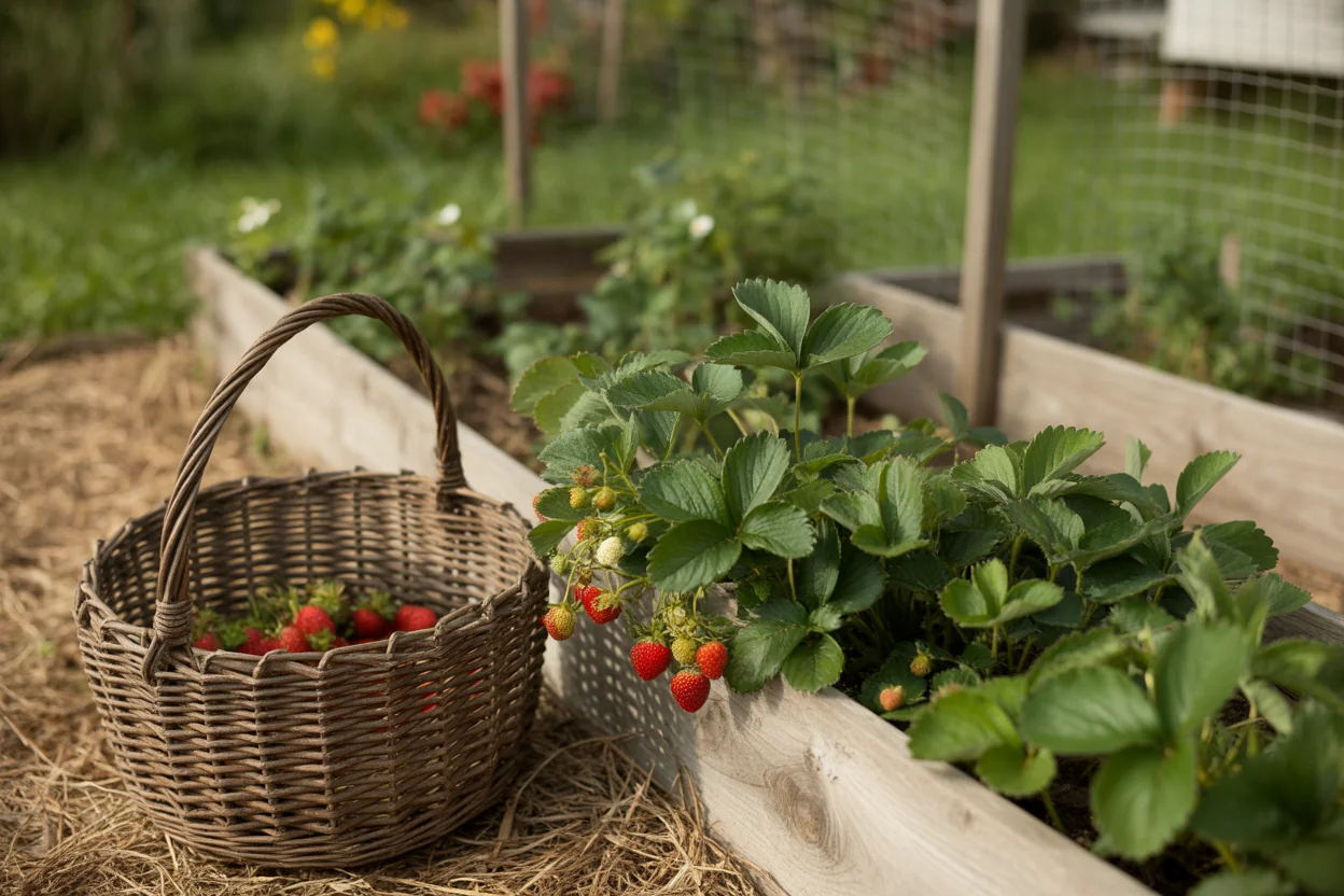 Strawberry crown and runner growth with berries for bed care reference