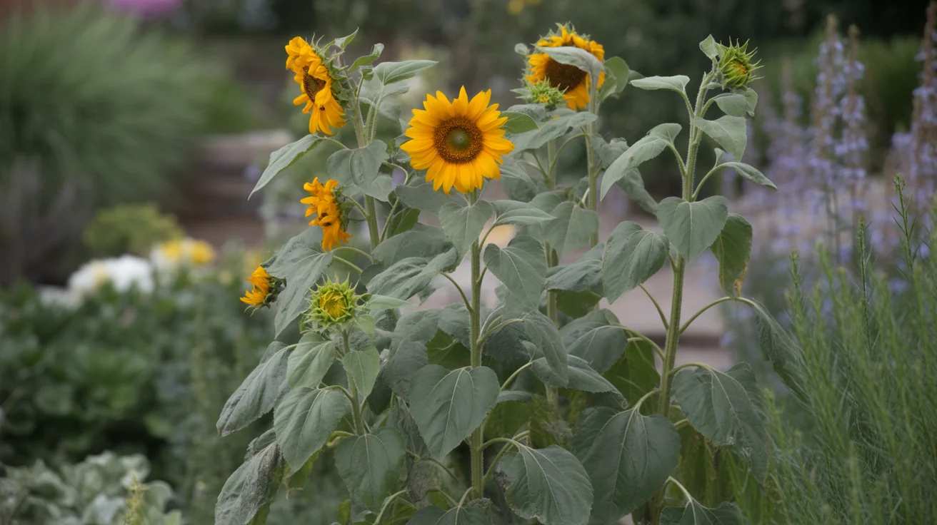 Sunflower plant in bloom in a garden setting