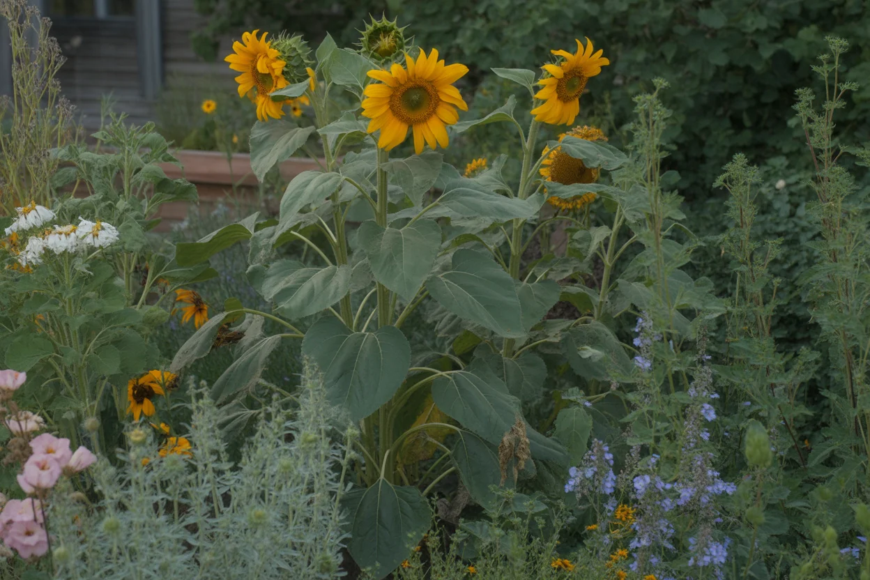 Sunflower foliage and flowers showing growth habit for care reference