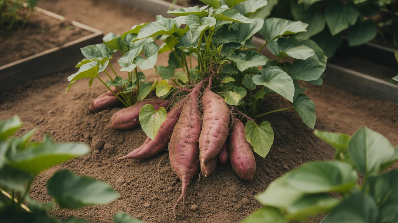 Sweet potato vines spreading across a warm garden bed