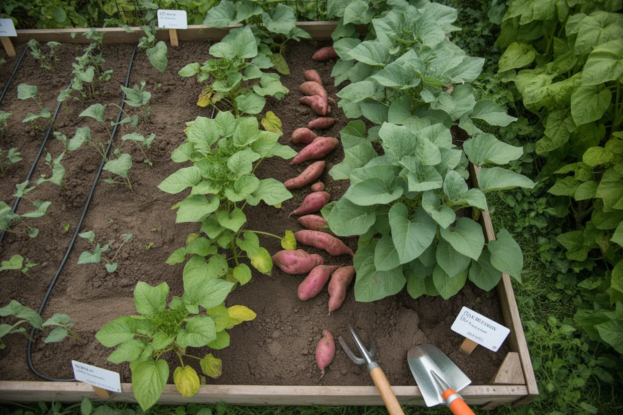 Freshly harvested sweet potato roots with vines and loose soil