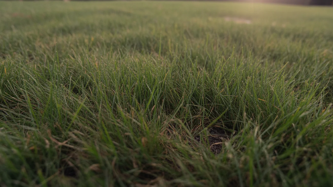 Close view of tall fescue turf blades in a home lawn.