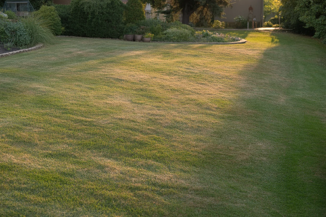 Tall fescue lawn showing summer color stress across an open yard.