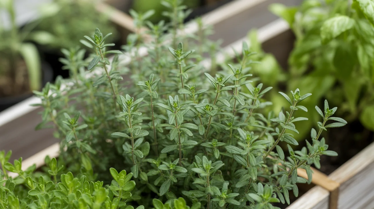 Upright thyme stems with tiny gray green leaves growing in a raised herb bed