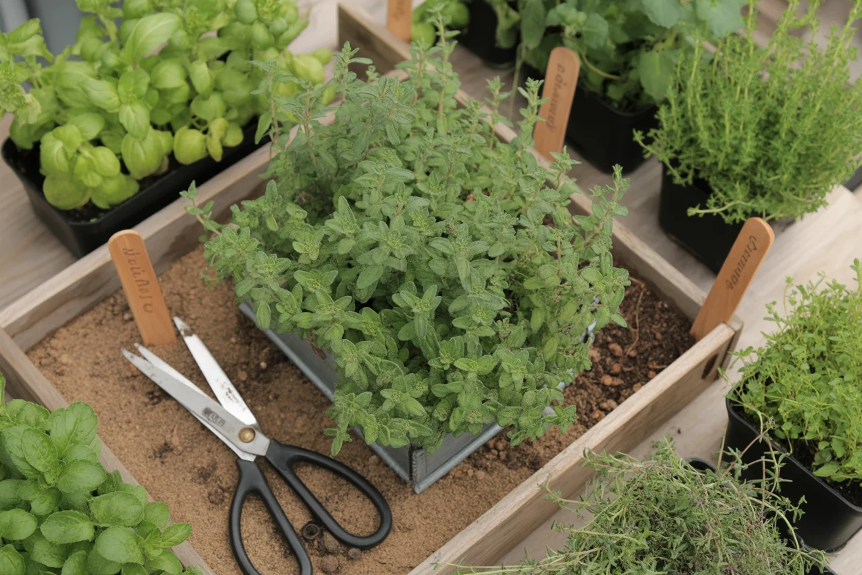 Potted thyme in a raised herb bed beside basil labels and garden shears