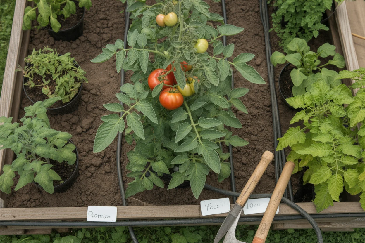 Tomato stem tied to a stake with a sucker in the leaf axil and a cluster of green developing tomatoes