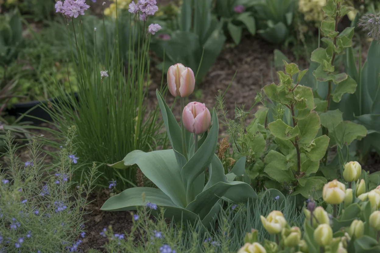 Tulip foliage and flowers showing growth habit for care reference