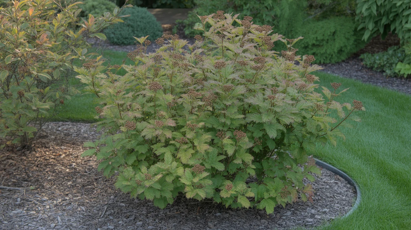 Viburnum shrub with white flower clusters and broad green leaves in a mixed border