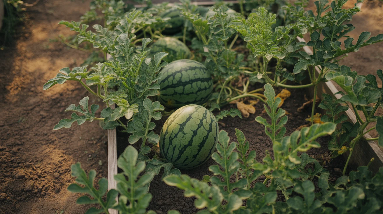 Striped watermelons growing on long vines in a sunny summer garden