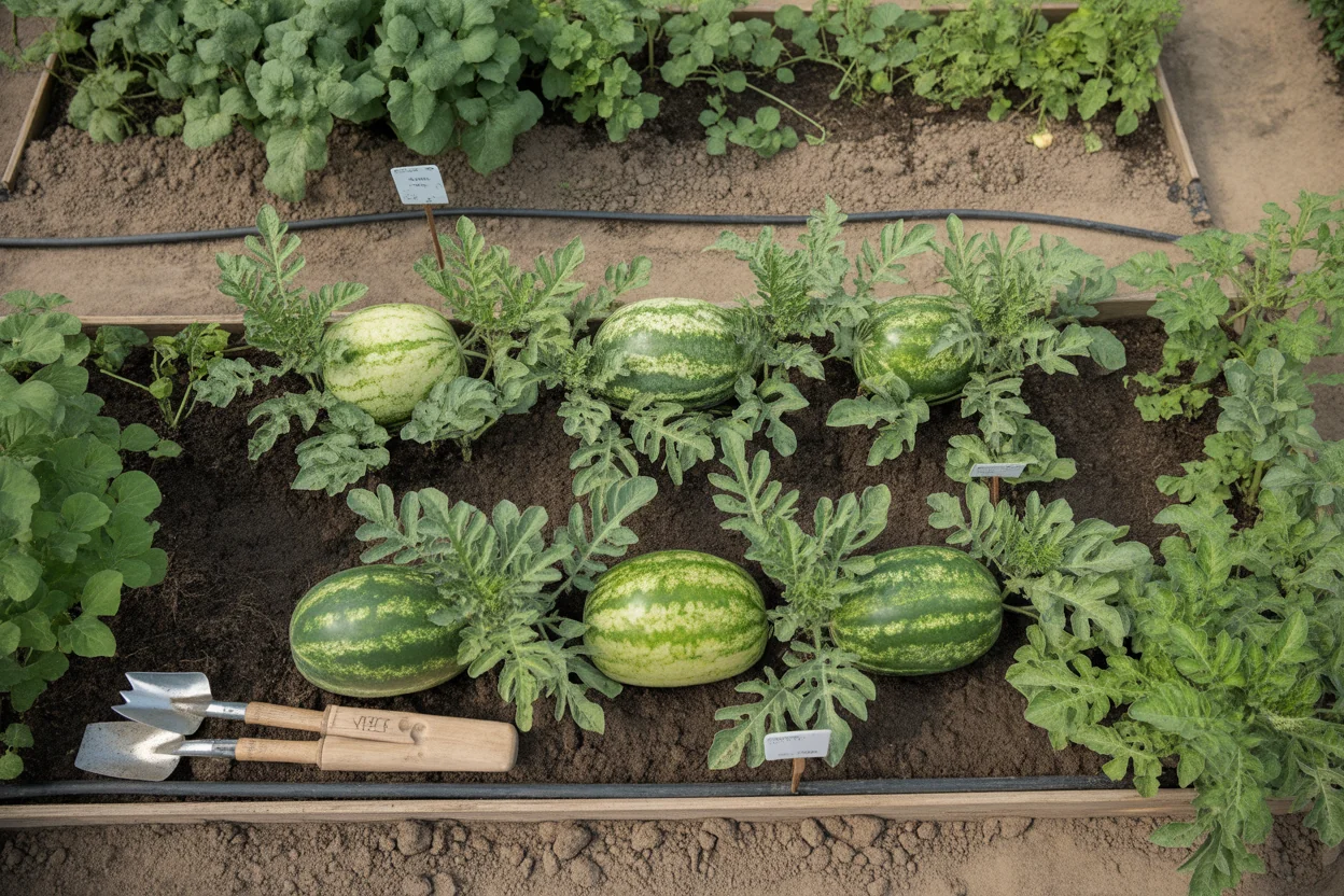 Developing watermelon fruit with healthy leaves and tendrils on a garden vine