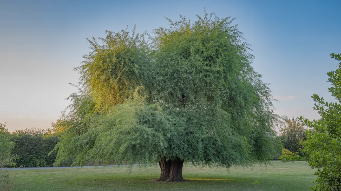 Large weeping willow tree with drooping branches beside open moist ground