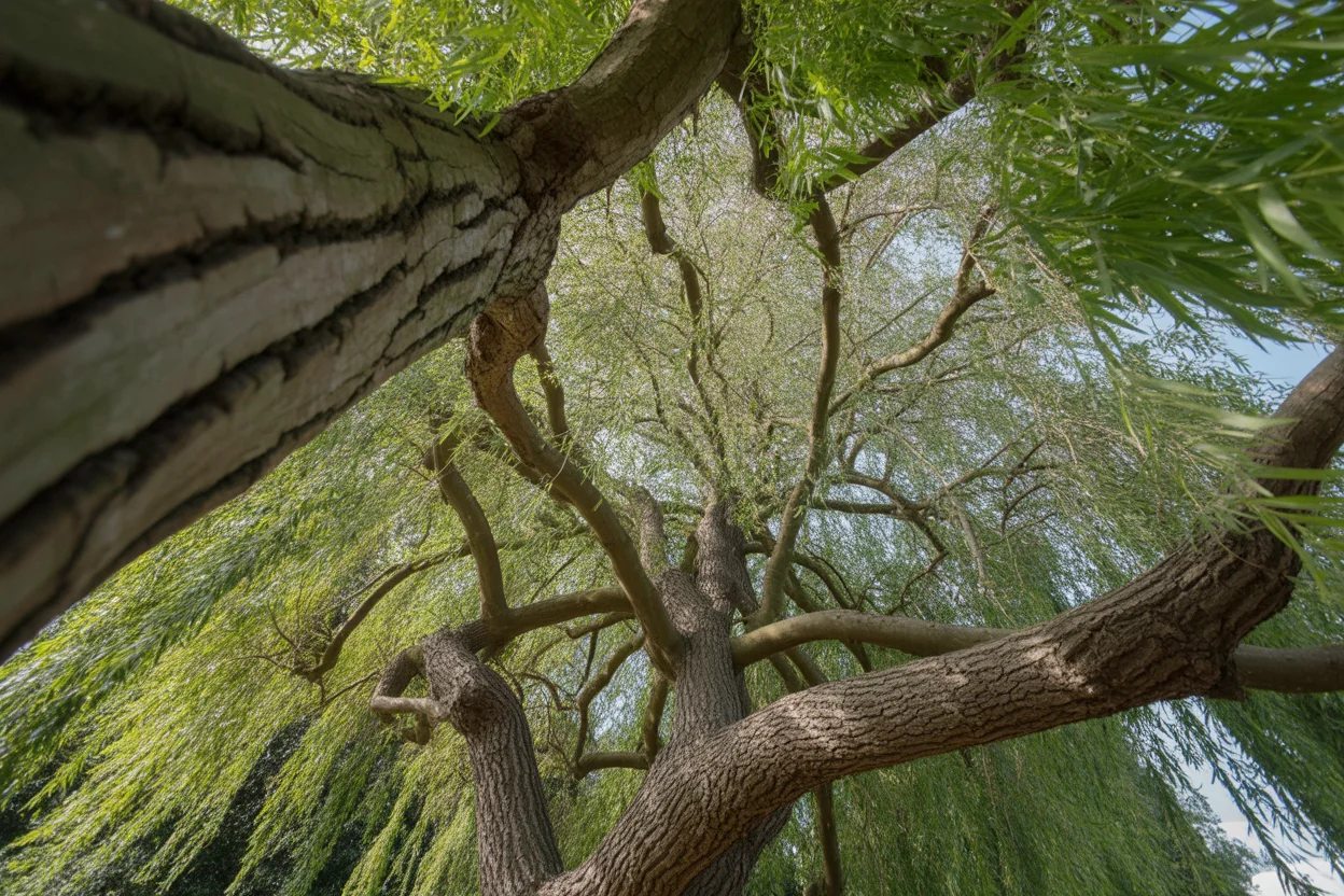 Weeping willow canopy showing long flexible branches and pond-edge spacing