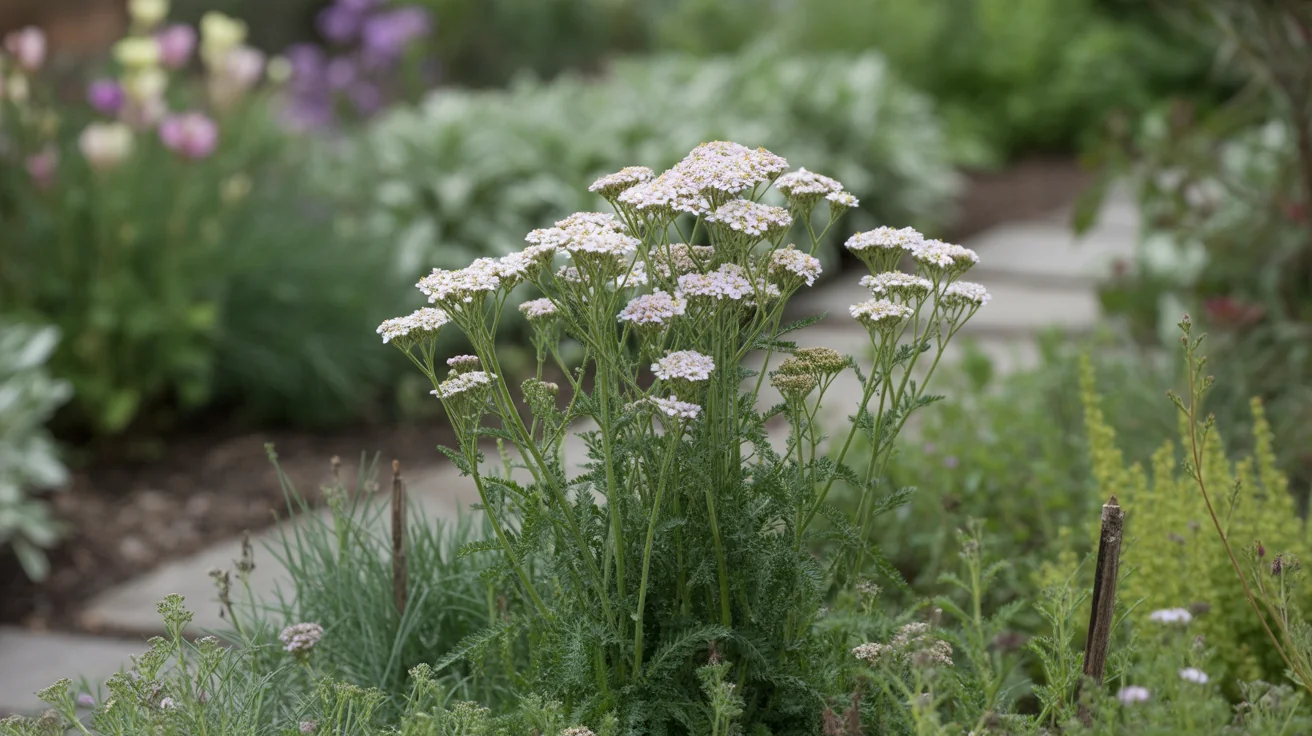 Flat clusters of yellow and white yarrow flowers above ferny foliage in a sunny dry border