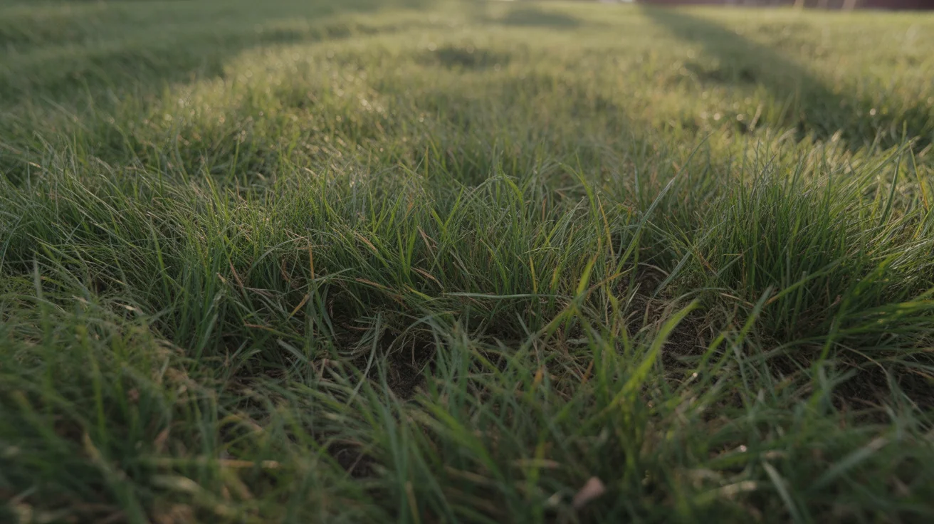 Close view of dense zoysia-style turf blades in a home lawn.
