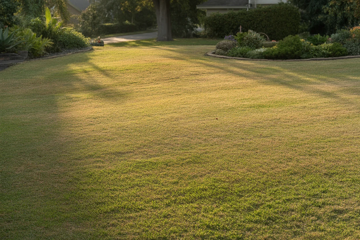 Established zoysia-style lawn with warm-season color variation near landscape beds.
