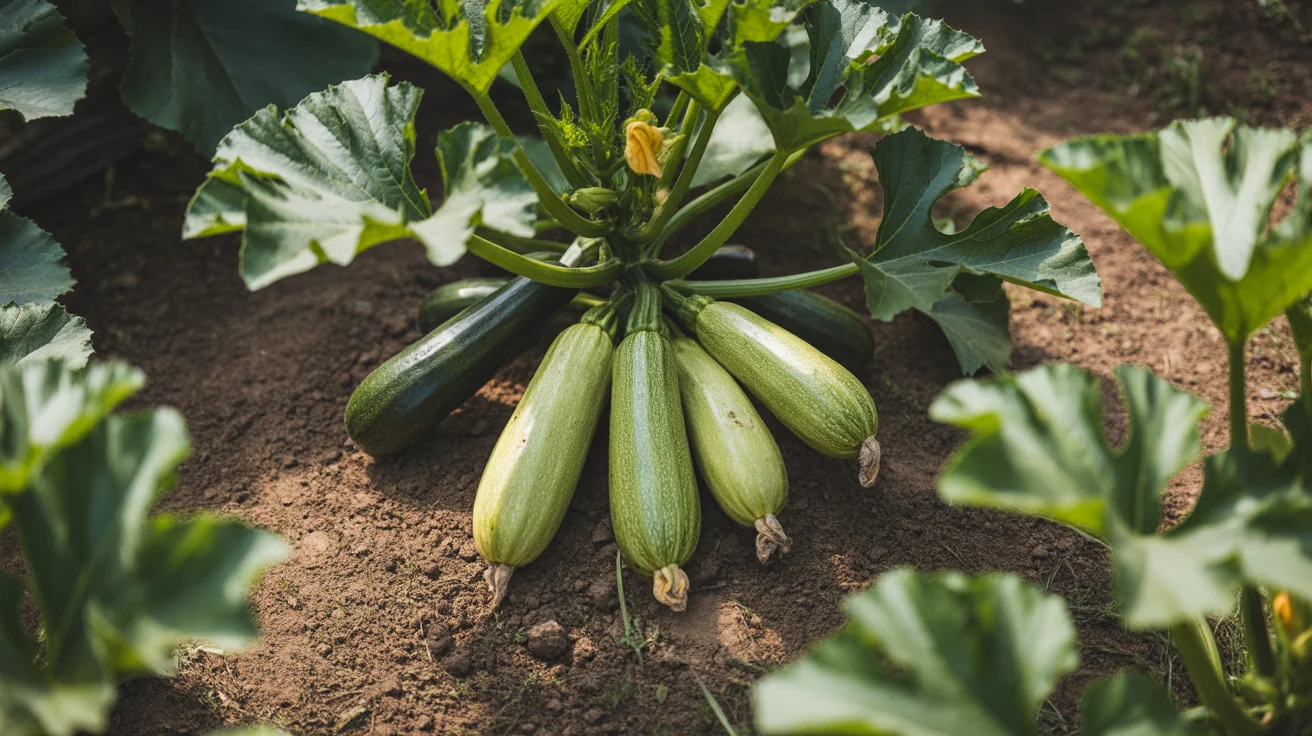 Healthy zucchini plant with broad leaves and small green squash forming near the crown