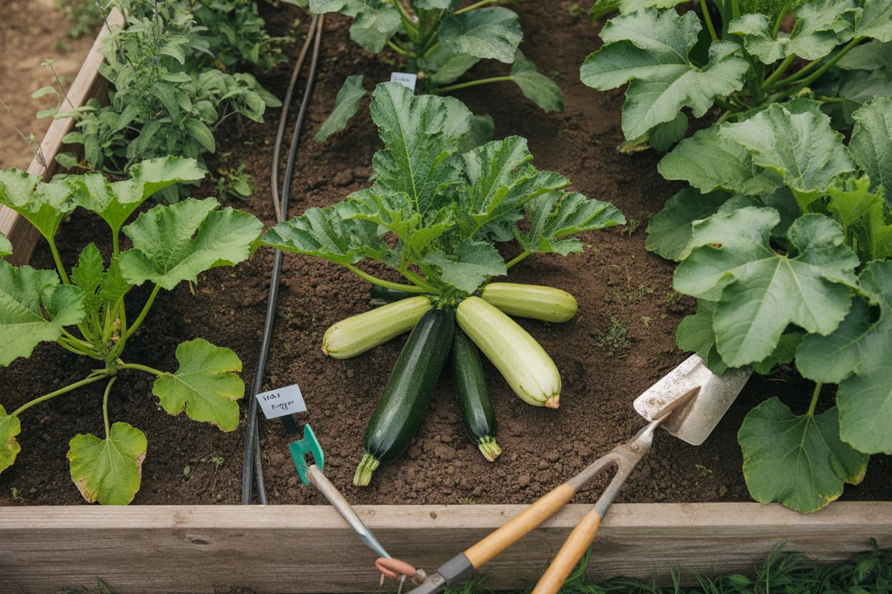 Zucchini flowers and young fruit showing open spacing around the plant crown